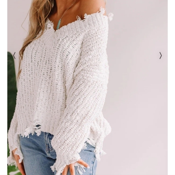 Wishlist Sweaters - Wish list white / cream  knit sweater with worn‎ details size M/L V-neck western